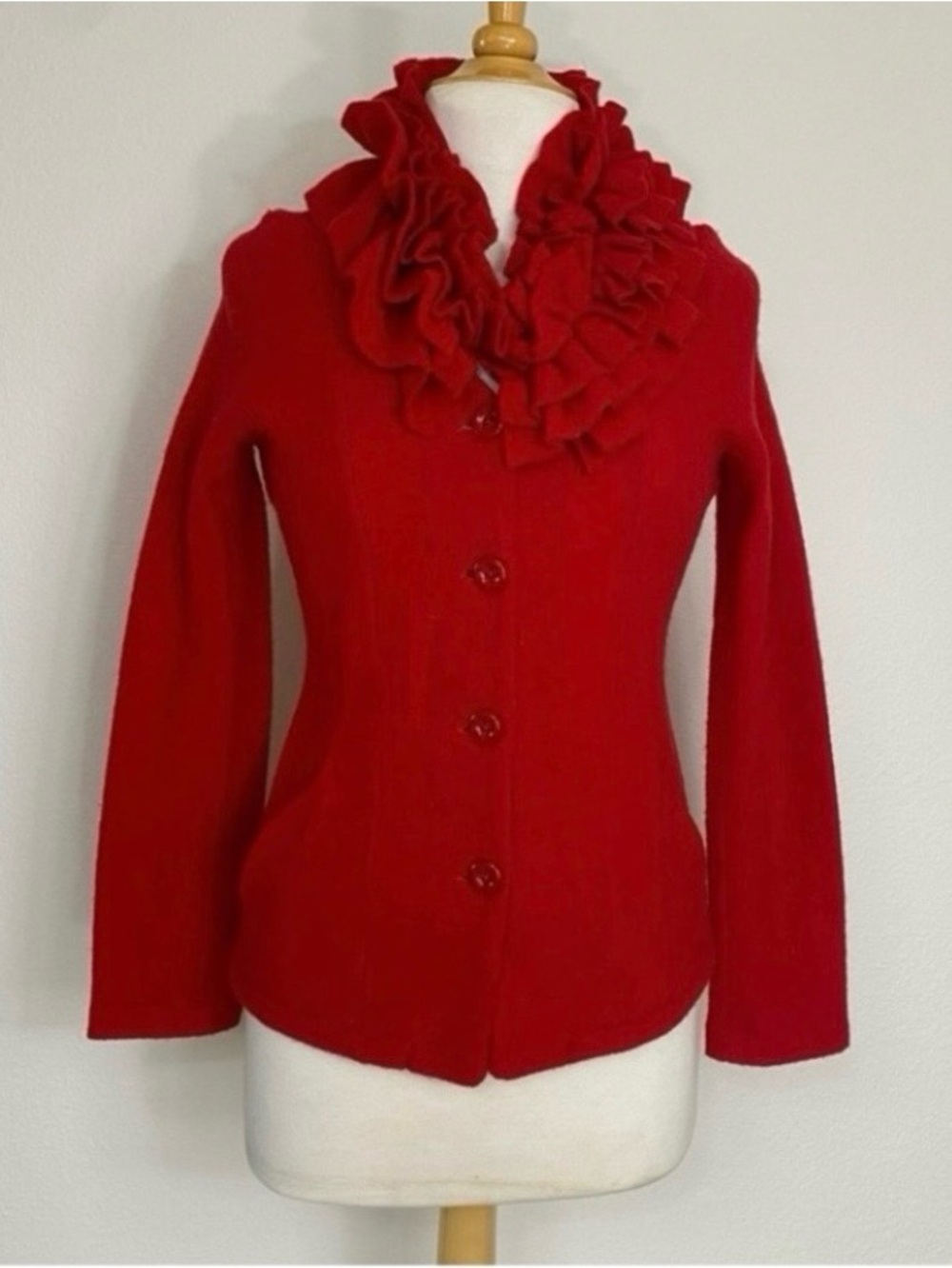 Fever Women Red Ruffle Collar Button 100% Wool Cardigan Sweater Size Small Retro